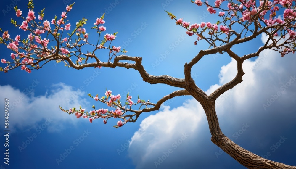 Fototapeta premium Pink Blossom Tree Branch Against Blue Sky.