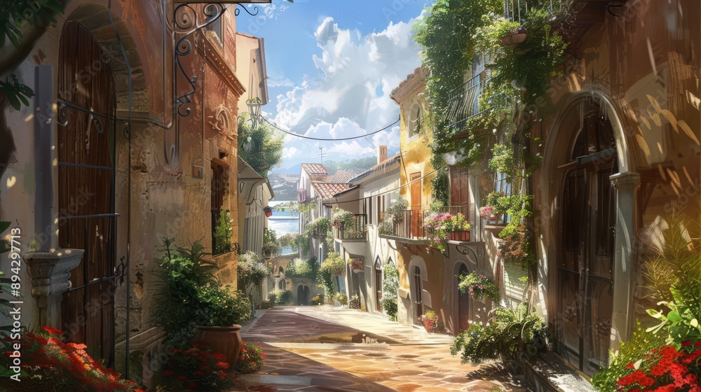 A sunny sky brightens a quaint village, with sunlight streaming through narrow streets and illuminating charming houses A sunny sky brightens a quaint village, with sunlight streaming through narrow streets and illuminating charming houses