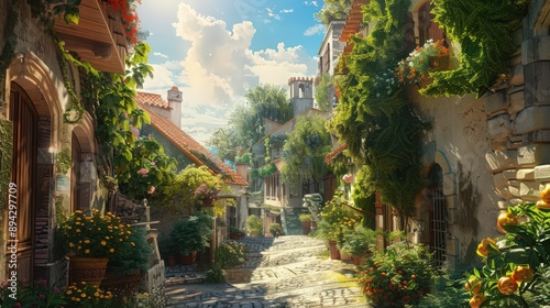 Fototapeta Naklejka Na Ścianę i Meble -  A sunny sky brightens a quaint village, with sunlight streaming through narrow streets and illuminating charming houses