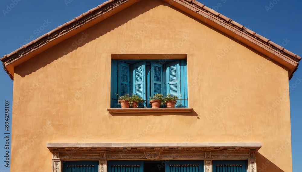 Blue Window Shutters on a Yellow Building. Blue Window Shutters on a Yellow Building.