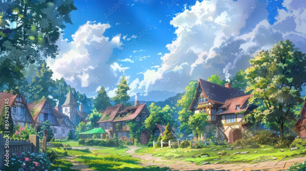 A sunny sky over a charming countryside village brings out the beauty and simplicity of the place, with sunlight illuminating the quaint houses and gardens A sunny sky over a charming countryside village brings out the beauty and simplicity of the place, with sunlight illuminating the quaint houses and gardens