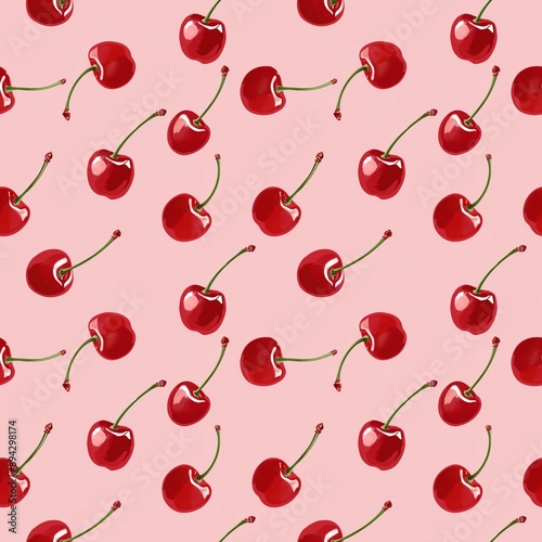 Seamless cherry pattern on pink background, bright and juicy illustration, simple and cute design with high detail
