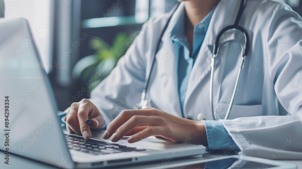 Female doctor in white coat typing on laptop computer in modern medical office with diagnostic equipment, bookshelves, and scientific journals, emphasizing professional healthcare and medical research Female doctor in white coat typing on laptop computer in modern medical office with diagnostic equipment, bookshelves, and scientific journals, emphasizing professional healthcare and medical research