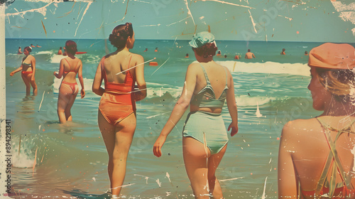 Vintage beach scenes with people in old-fashioned swimsuits , postcard design, Postcard