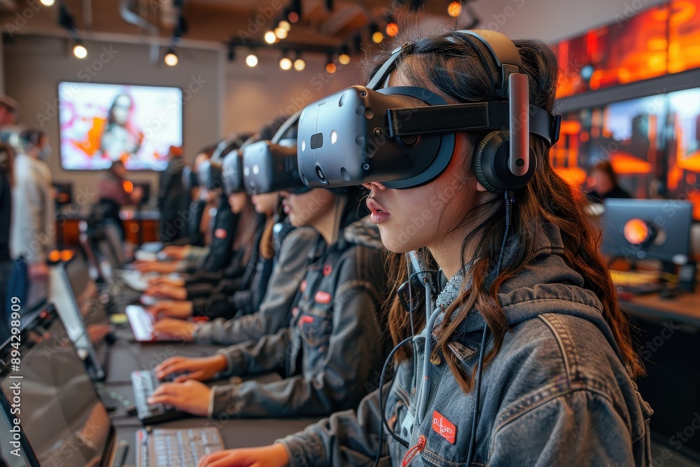 people using vr glasses in public space bokeh style background people using vr glasses in public space bokeh style background