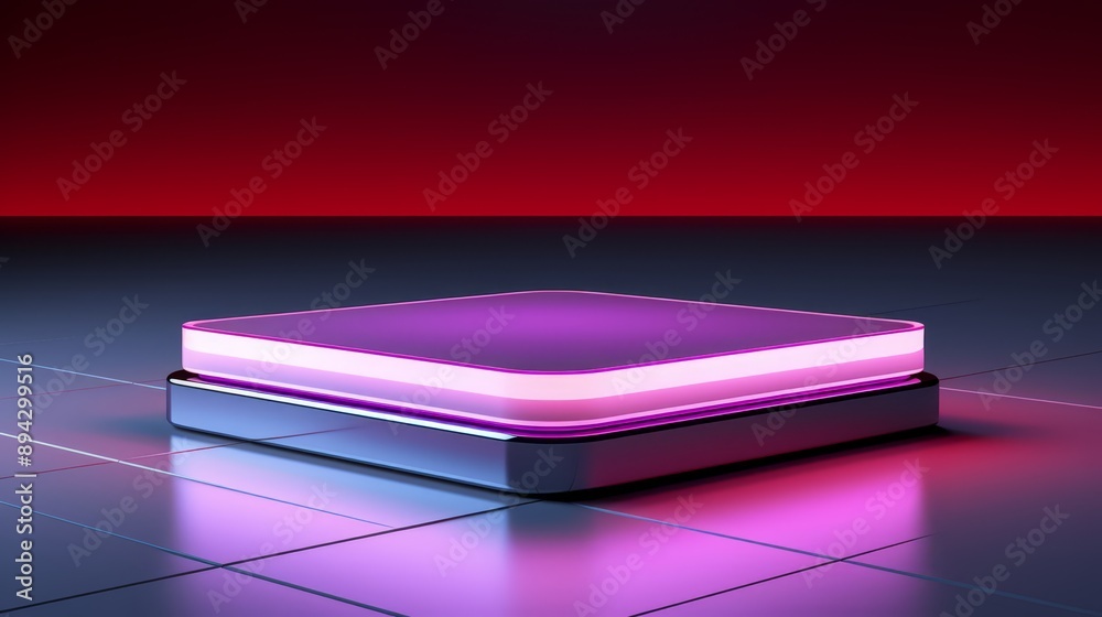 Product presentation on a square podium, 3D render, minimal design, neon highlights, side angle, white background, sleek style Product presentation on a square podium, 3D render, minimal design, neon highlights, side angle, white background, sleek style