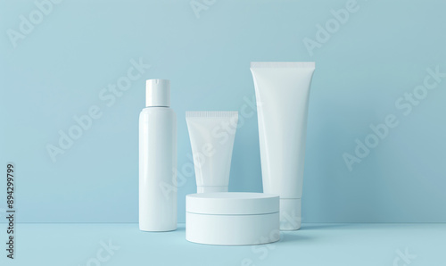 White cosmetic bottle, jar and tube with cream on light blue background. Mockup for design © Arlessa