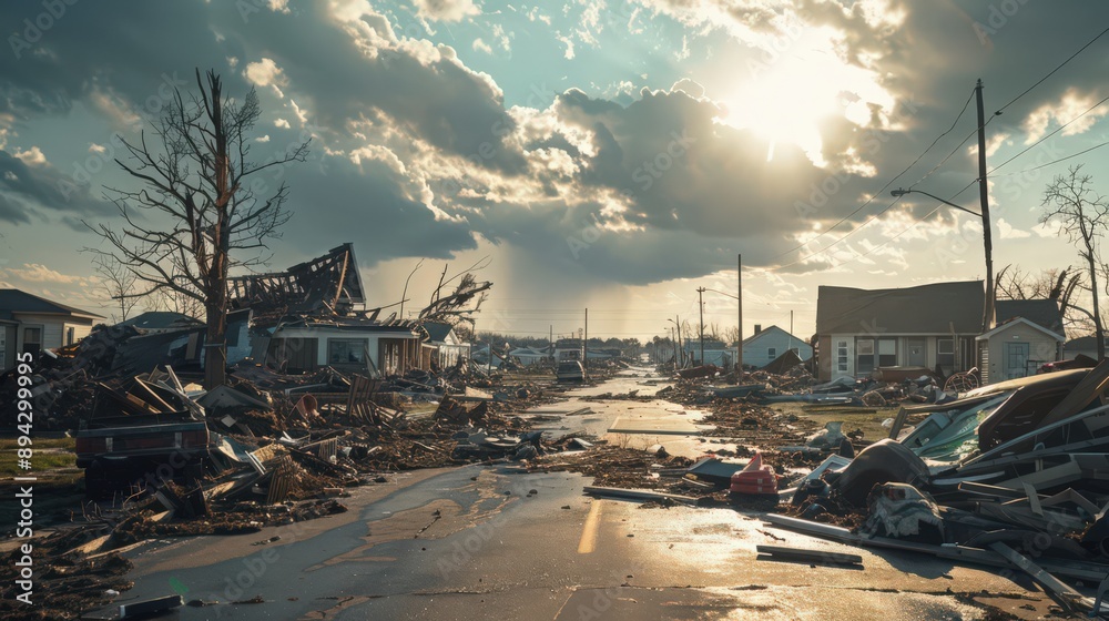 A tornado leaves a path of destruction through a small town in Tornado Alley, with homes and businesses damaged or destroyed A tornado leaves a path of destruction through a small town in Tornado Alley, with homes and businesses damaged or destroyed