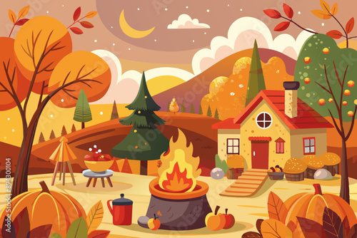 Cartoon autumn scene with house, trees, pumpkins, and campfire. A detailed cartoon drawing depicting a cozy autumn scene, featuring a house surrounded by trees, pumpkins, and a campfire