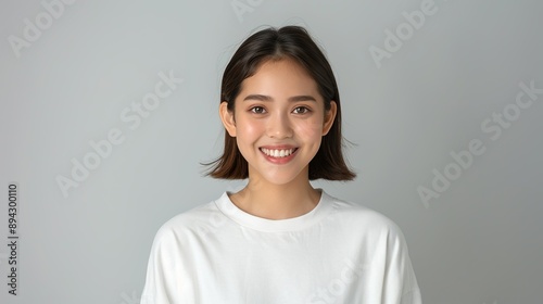 Realistic photograph of a smiling Thai woman on a plain background, showcasing her radiant joy and beauty through her happy expression. Realistic photo, Portrait , Minimalism,