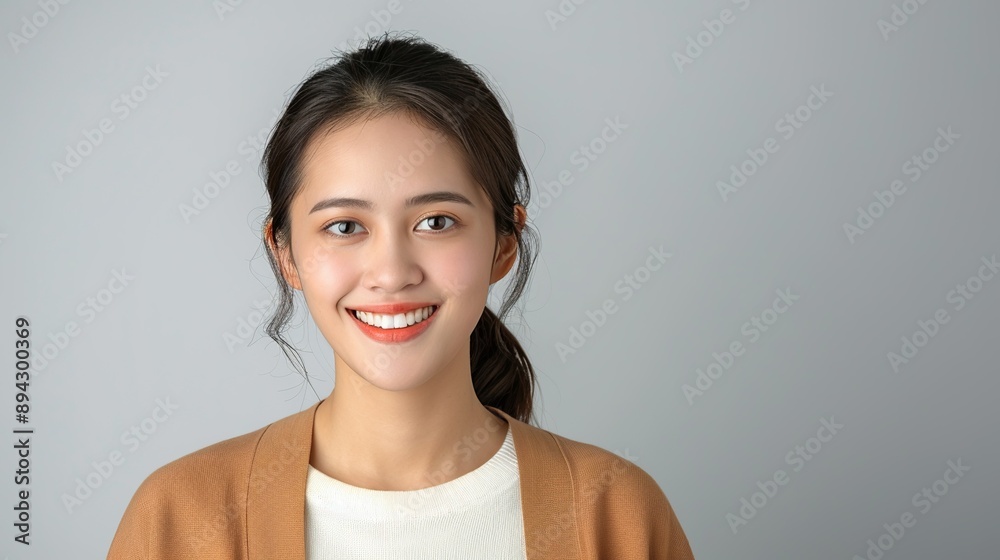 Realistic portrait of a happy Vietnamese woman with a bright smile on a plain background, capturing her joyful demeanor and natural beauty. Realistic photo, Portrait , Minimalism, Realistic portrait of a happy Vietnamese woman with a bright smile on a plain background, capturing her joyful demeanor and natural beauty. Realistic photo, Portrait , Minimalism,