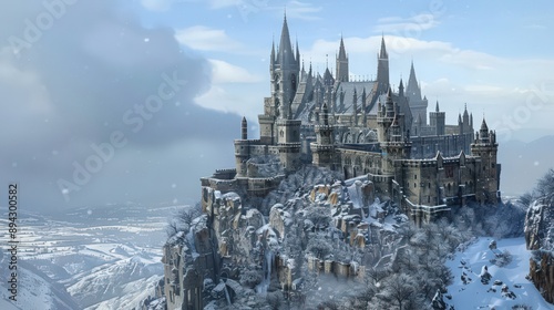 A winter castle perched on a snowy hilltop, with towering spires and ancient stone walls dusted with frost.