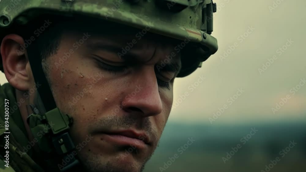 Emotional close-up of soldier's face processing traumatic memories Emotional close-up of soldier's face processing traumatic memories