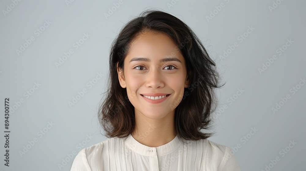 Realistic half-portrait of a cheerful Indonesian woman with a beaming smile on a plain background, highlighting her joyful demeanor and natural beauty. Realistic photo, Portrait , Minimalism, Realistic half-portrait of a cheerful Indonesian woman with a beaming smile on a plain background, highlighting her joyful demeanor and natural beauty. Realistic photo, Portrait , Minimalism,