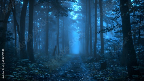 Fototapeta Naklejka Na Ścianę i Meble -  A serene and mysterious forest path shrouded in soft blue mist creates an enchanting atmosphere for nature lovers and adventurers alike.