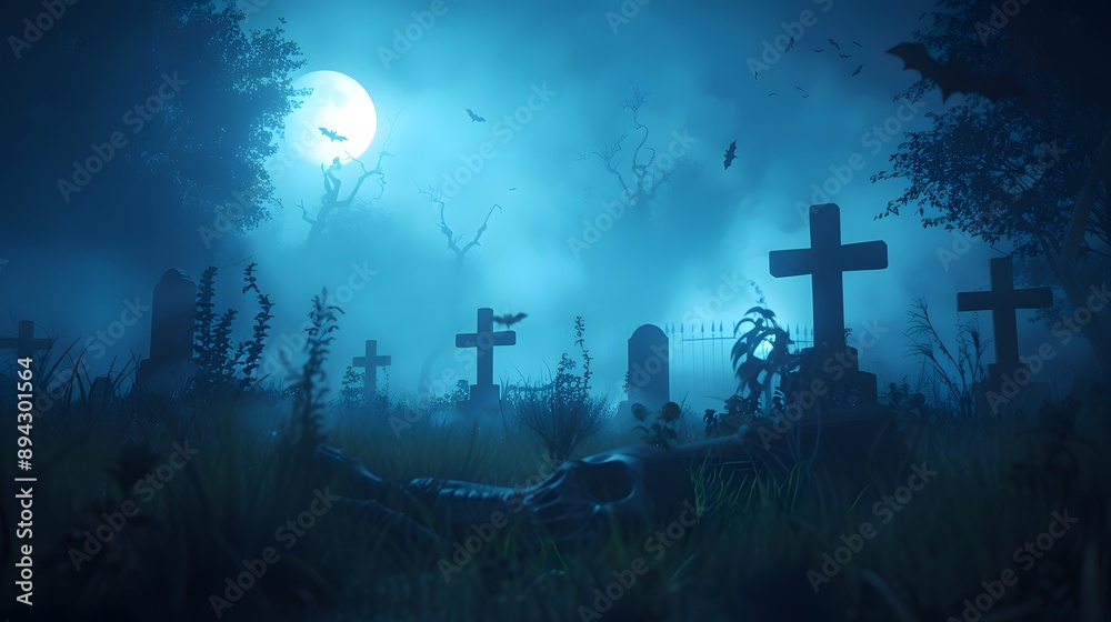 A hauntingly atmospheric image of a foggy graveyard illuminated by a full moon, featuring tombstones and a skeletal remains in the foreground, perfect for Halloween-themed projects. A hauntingly atmospheric image of a foggy graveyard illuminated by a full moon, featuring tombstones and a skeletal remains in the foreground, perfect for Halloween-themed projects.