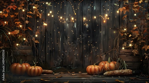Fototapeta Naklejka Na Ścianę i Meble -  A cozy fall scene featuring pumpkins, autumn leaves, and softly glowing lights against a rustic wooden backdrop, creating a warm and inviting atmosphere for seasonal celebrations. 