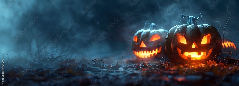 Fototapeta premium A hauntingly atmospheric scene featuring two illuminated jack-o'-lanterns among mist and autumn foliage, perfect for Halloween themes. 