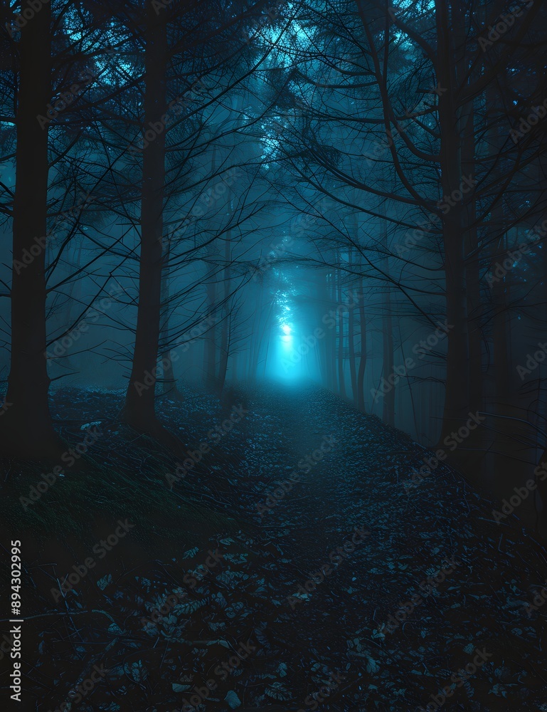Obraz premium A mysterious, fog-laden forest path illuminated by a soft blue light creates an ethereal atmosphere. 