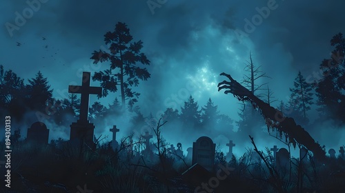 A haunting graveyard scene at night, illuminated by a mystical moonlight, featuring ghostly fog and eerie silhouettes of tombstones and a skeletal hand reaching out from the ground. 
