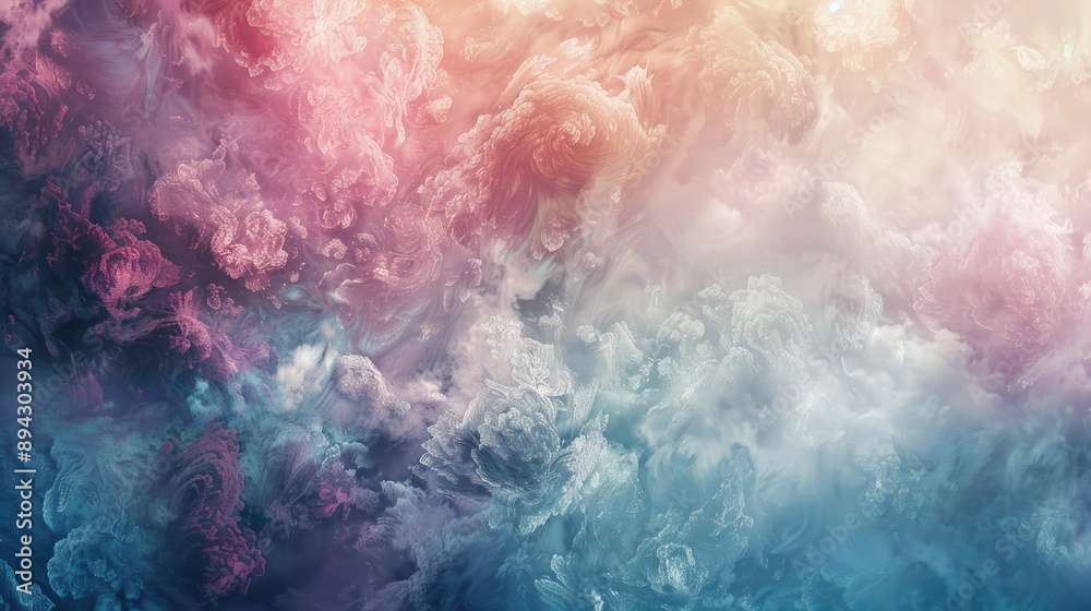 An abstract image featuring swirling pastel clouds in various shades of pink blue and white