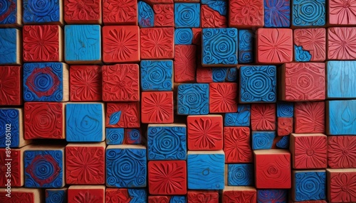 Red and Blue Carved Wooden Blocks.