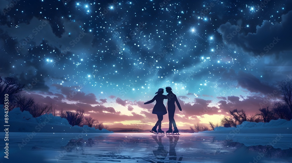 Obraz premium Romantic Ice Skating Under Starry Night Sky with Reflection in Lake