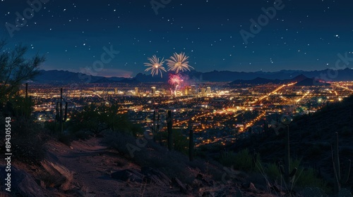 A panoramic view of a cityscape at night with fireworks bursting in the sky photo