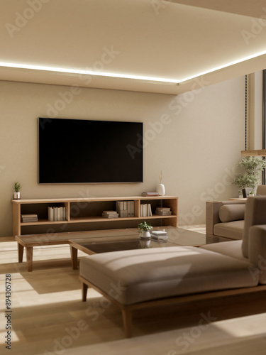 Fototapeta Naklejka Na Ścianę i Meble -  A contemporary, luxurious living room features a modern TV on the wall and home decor.