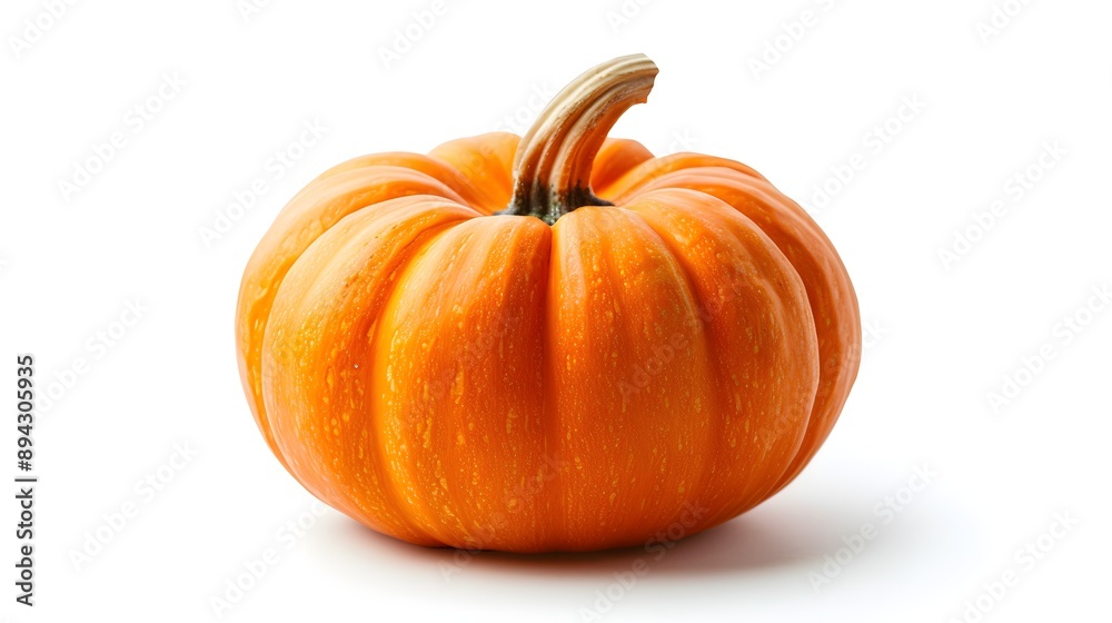 Obraz premium A vibrant orange pumpkin with a distinctive stem, set against a clean white background, perfect for autumn-themed designs and seasonal marketing materials. 