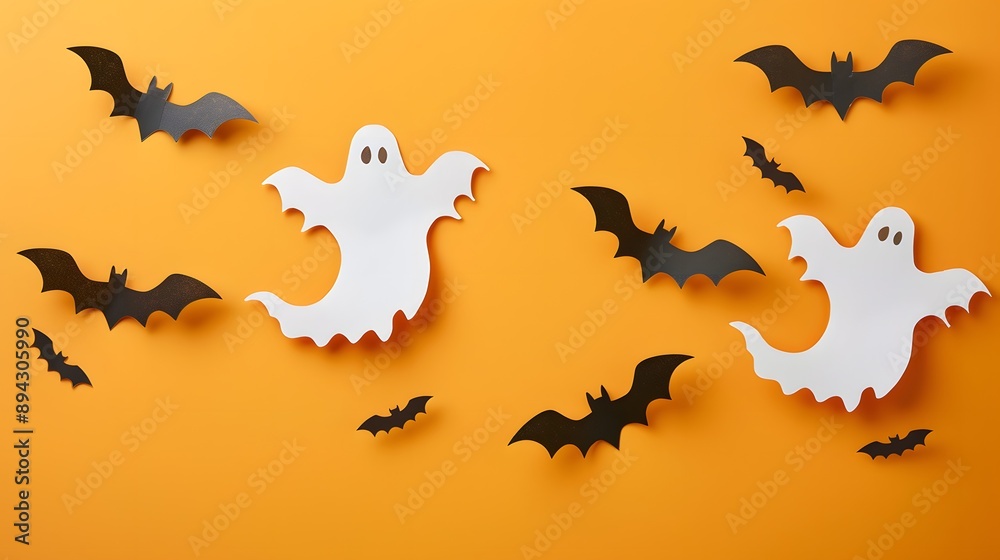 Fototapeta premium A playful Halloween-themed composition featuring white ghosts and black bats against a vibrant orange background, ideal for festive decorations and celebrations.