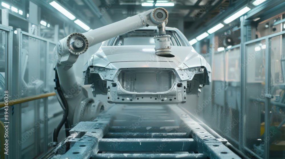 robot applying a perfect coat of paint to automotive parts, showcasing the precision and consistency of robotic painters.