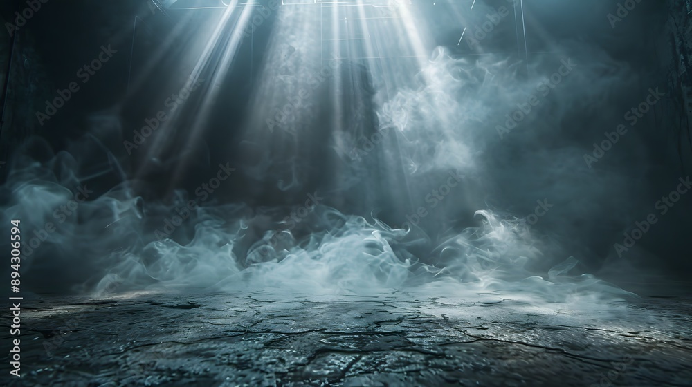Fototapeta premium A tranquil and atmospheric scene featuring soft rays of light filtering through mist, creating an ethereal ambiance in a dimly lit environment.