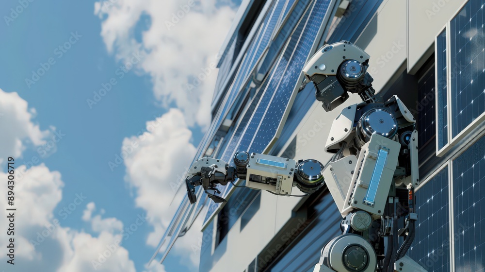 robot installing solar panels on a new building. Focus on the sustainability aspect of using robotics robot installing solar panels on a new building. Focus on the sustainability aspect of using robotics