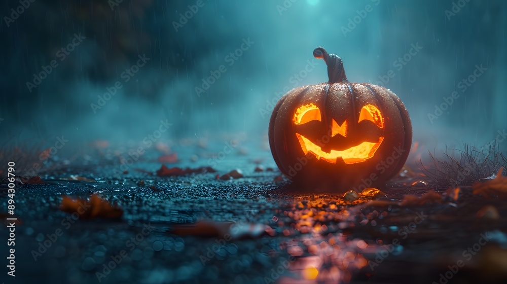 Naklejka premium A glowing jack-o'-lantern sits on a wet pathway, surrounded by fallen leaves and shrouded in mist during a rainy Halloween night, creating an eerie yet festive atmosphere.