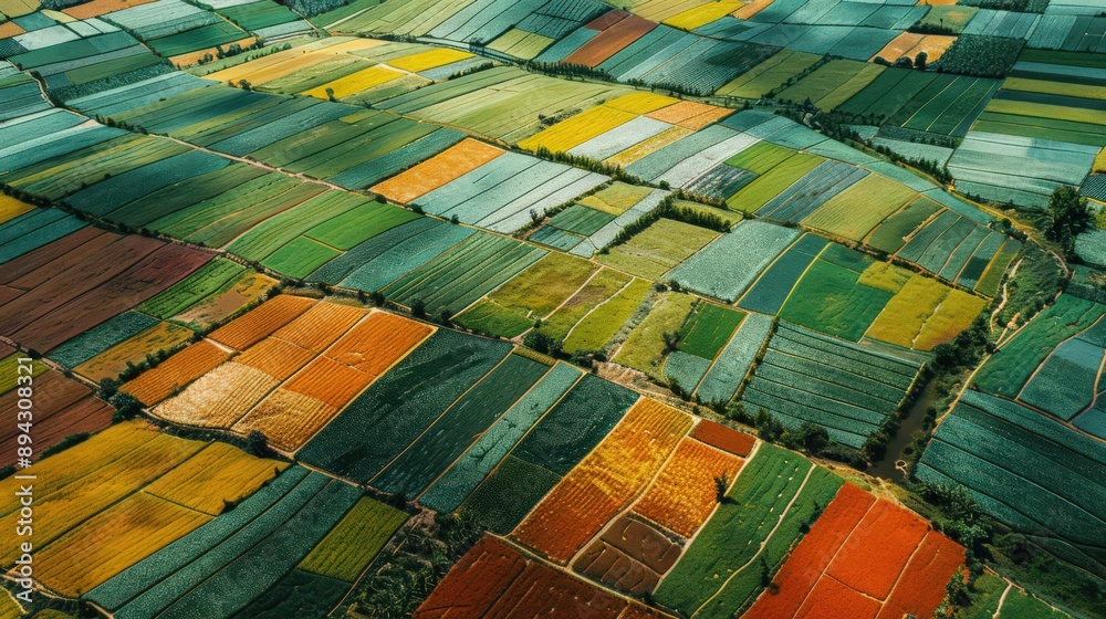 aerial view of farmland with patchwork patterns of different crops ...
