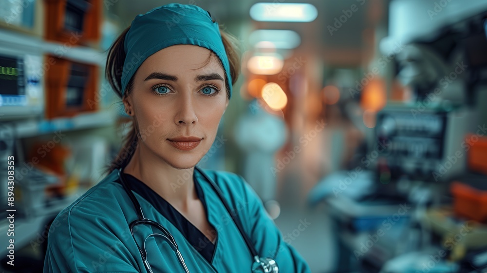 Female Doctor in Blue Scrubs Standing in a Hospital Room Female Doctor in Blue Scrubs Standing in a Hospital Room