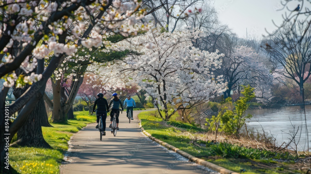 Joggers and cyclists take to paths lined with cherry blossoms and magnolia trees, enjoying the beauty of spring's natural adornments. Joggers and cyclists take to paths lined with cherry blossoms and magnolia trees, enjoying the beauty of spring's natural adornments.