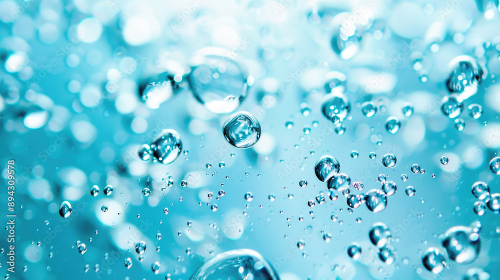Oxygen bubbles in clear blue water, close-up. Mineral water. Water enriched with oxygen. Oxygen bubbles in clear blue water, close-up. Mineral water. Water enriched with oxygen.