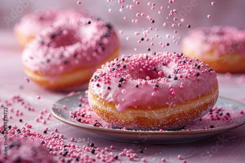 Flying Pink Donuts on Pastel Purple Background