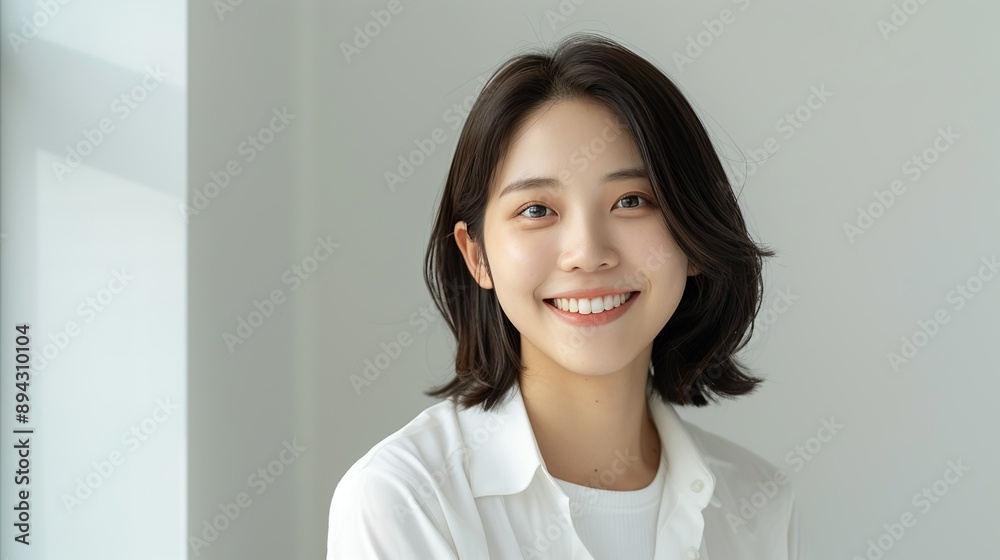 Realistic hyper-detailed portrait of a cheerful young Asian woman teacher smiling, capturing her enthusiasm and devotion to fostering knowledge and growth in her students. Background images that Realistic hyper-detailed portrait of a cheerful young Asian woman teacher smiling, capturing her enthusiasm and devotion to fostering knowledge and growth in her students. Background images that