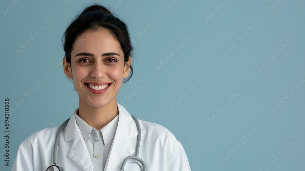 Realistic hyper-detailed portrait of a cheerful young Middle Eastern woman doctor smiling, showcasing her compassion and commitment to providing excellent healthcare. Background images that indicate Realistic hyper-detailed portrait of a cheerful young Middle Eastern woman doctor smiling, showcasing her compassion and commitment to providing excellent healthcare. Background images that indicate