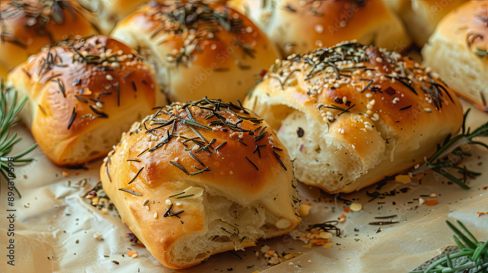 Baked buns with rosemary on a baking sheet Baked buns with rosemary on a baking sheet