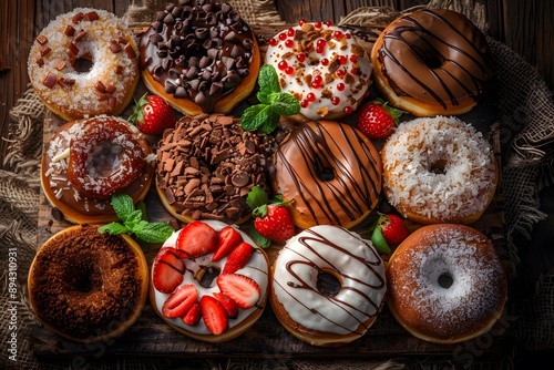 Gourmet donuts with toppings and garnishes on rustic wooden board