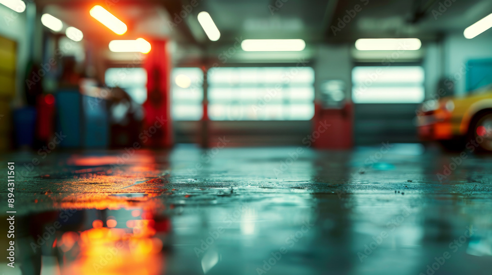 Garage with blurry, brightly lit background Garage with blurry, brightly lit background