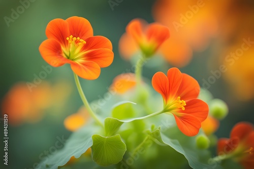 Flame nasturtium flower bokeh background, AI Generated