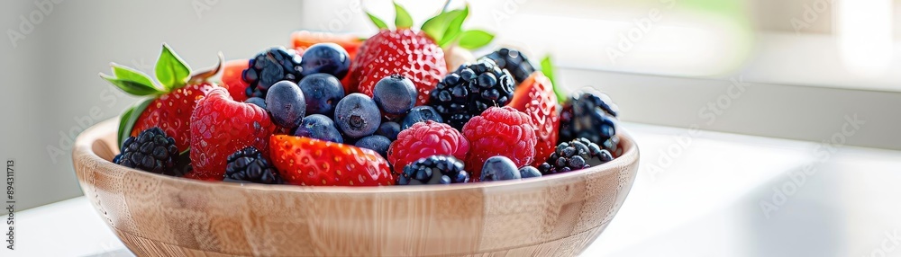 A bowl of fresh mixed berries including strawberries, blueberries, and blackberries, placed on a white table in a sunlit kitchen. A bowl of fresh mixed berries including strawberries, blueberries, and blackberries, placed on a white table in a sunlit kitchen.
