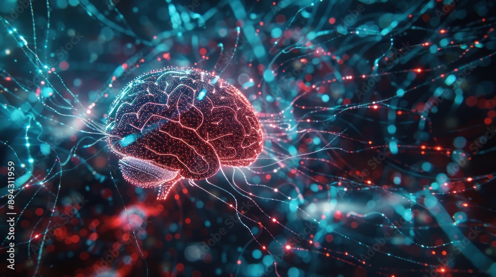 Detailed illustration of human brain synapse scan with abstract science background, showcasing technological and systemic aspects of brain function and connectivity Detailed illustration of human brain synapse scan with abstract science background, showcasing technological and systemic aspects of brain function and connectivity