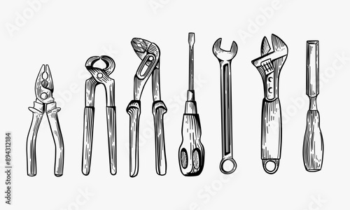 Set of hand work tools. Construction equipment for or repair work. Hand drawn sketch illustration