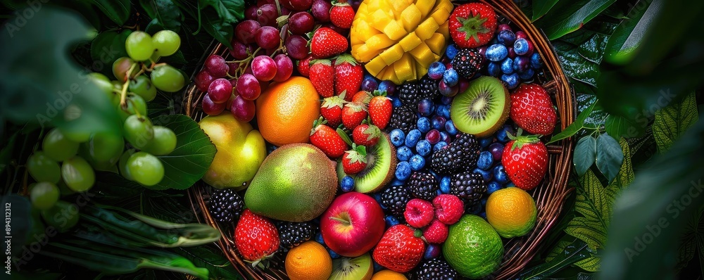 A vibrant assortment of fresh fruits arranged in a basket, including berries, grapes, apples, and tropical fruits, surrounded by lush foliage.